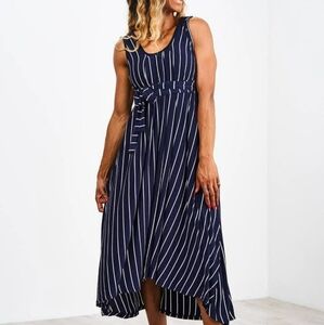 Navy Striped Sleeveless Dress with belt